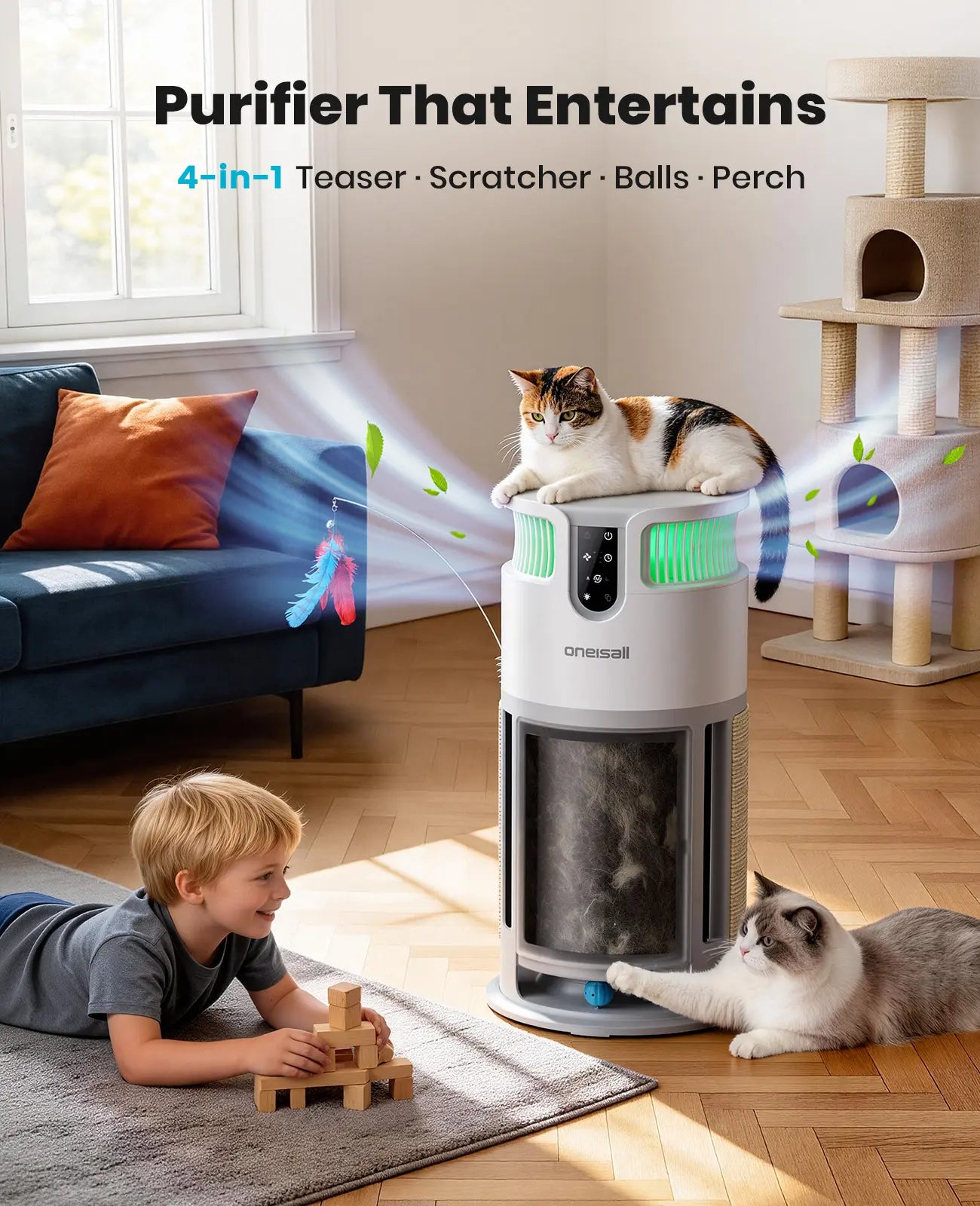 Oneisall H13 HEPA Washable Filter Air Purifier with PM2.5 Display, 3000 Sq Ft Coverage, 360° Airflow, Auto Mode, Pet Odor and Hair Removal, Integrated Cat Toy, Ideal for Allergies, Smoke, and Dust Removal