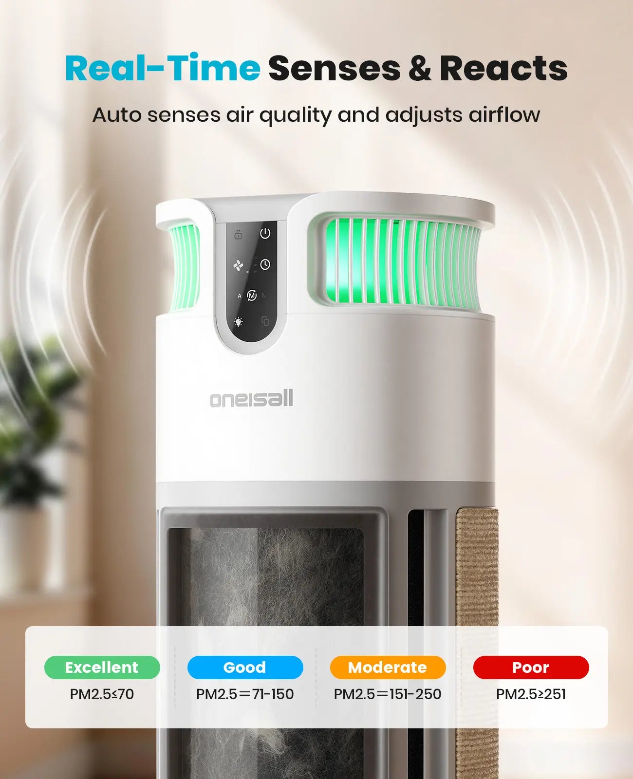 Oneisall H13 HEPA Washable Filter Air Purifier with PM2.5 Display, 3000 Sq Ft Coverage, 360° Airflow, Auto Mode, Pet Odor and Hair Removal, Integrated Cat Toy, Ideal for Allergies, Smoke, and Dust Removal