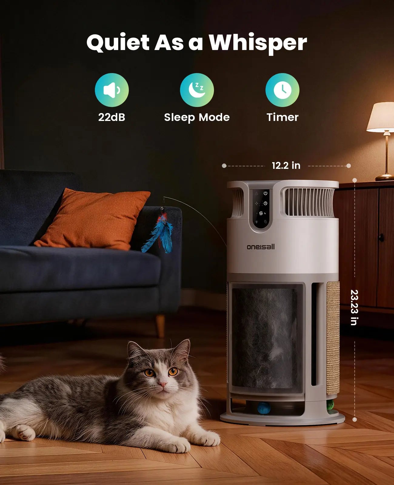 Oneisall H13 HEPA Washable Filter Air Purifier with PM2.5 Display, 3000 Sq Ft Coverage, 360° Airflow, Auto Mode, Pet Odor and Hair Removal, Integrated Cat Toy, Ideal for Allergies, Smoke, and Dust Removal